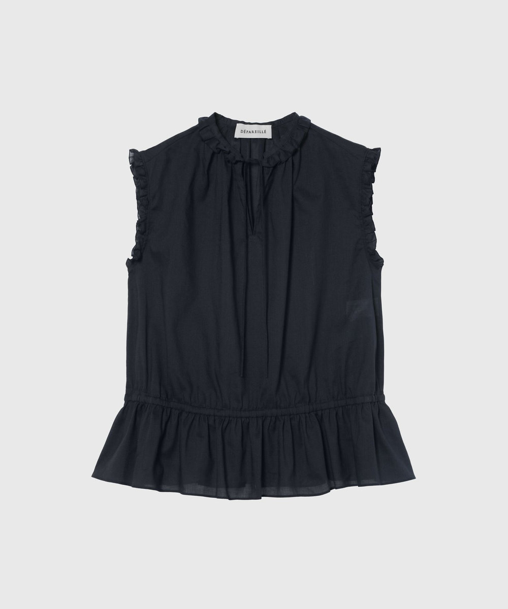 DÉPAREILLÉ RAMIE COTTON SLEEVELESS FRILL BLOUSE / ラミーコットンスリーブレスフリルブラウス ネイビー