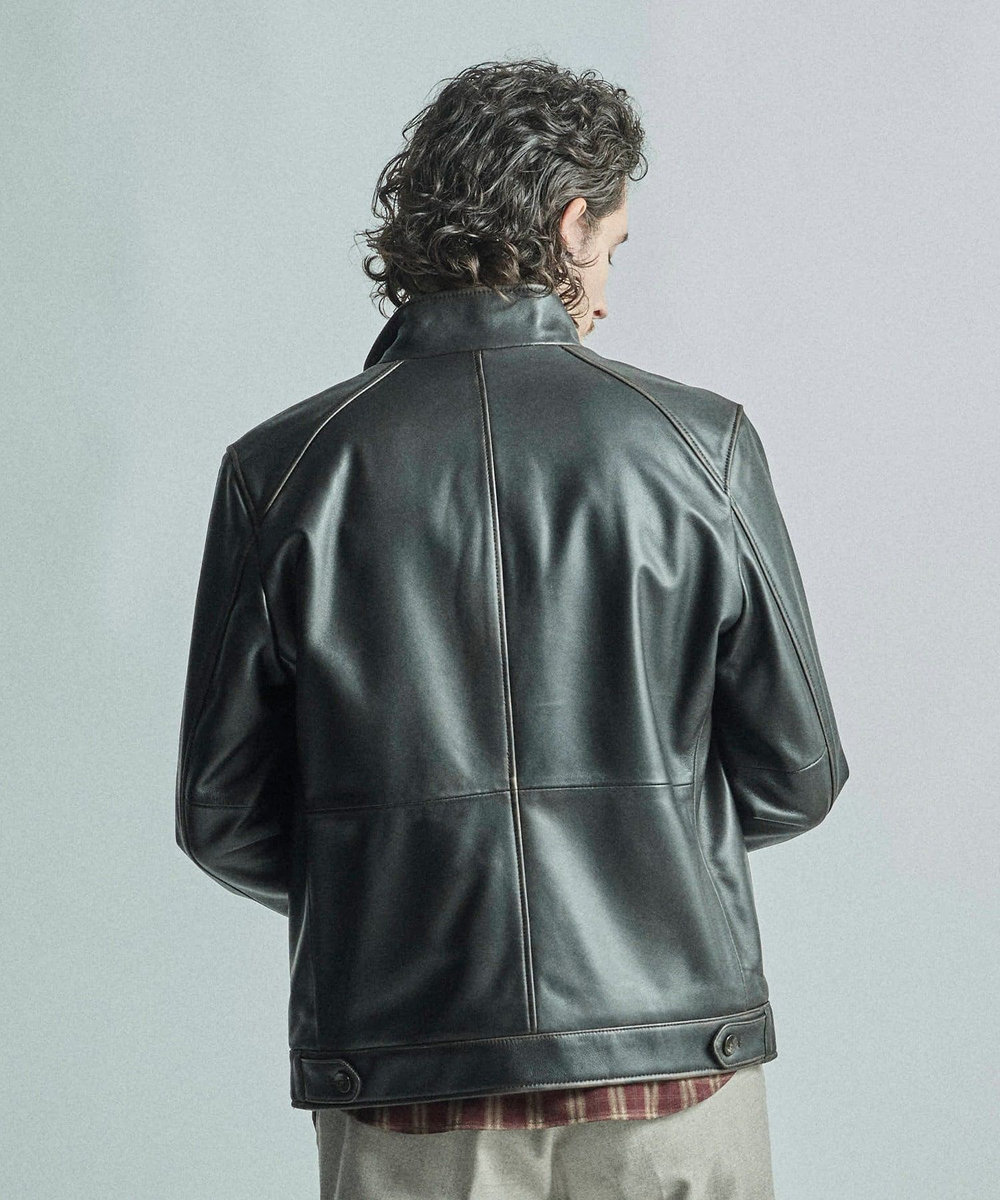 MEN'S BIGI スタンドカラーシングルライダース シープレザージャケット＜エイジング加工＞ ブラック
