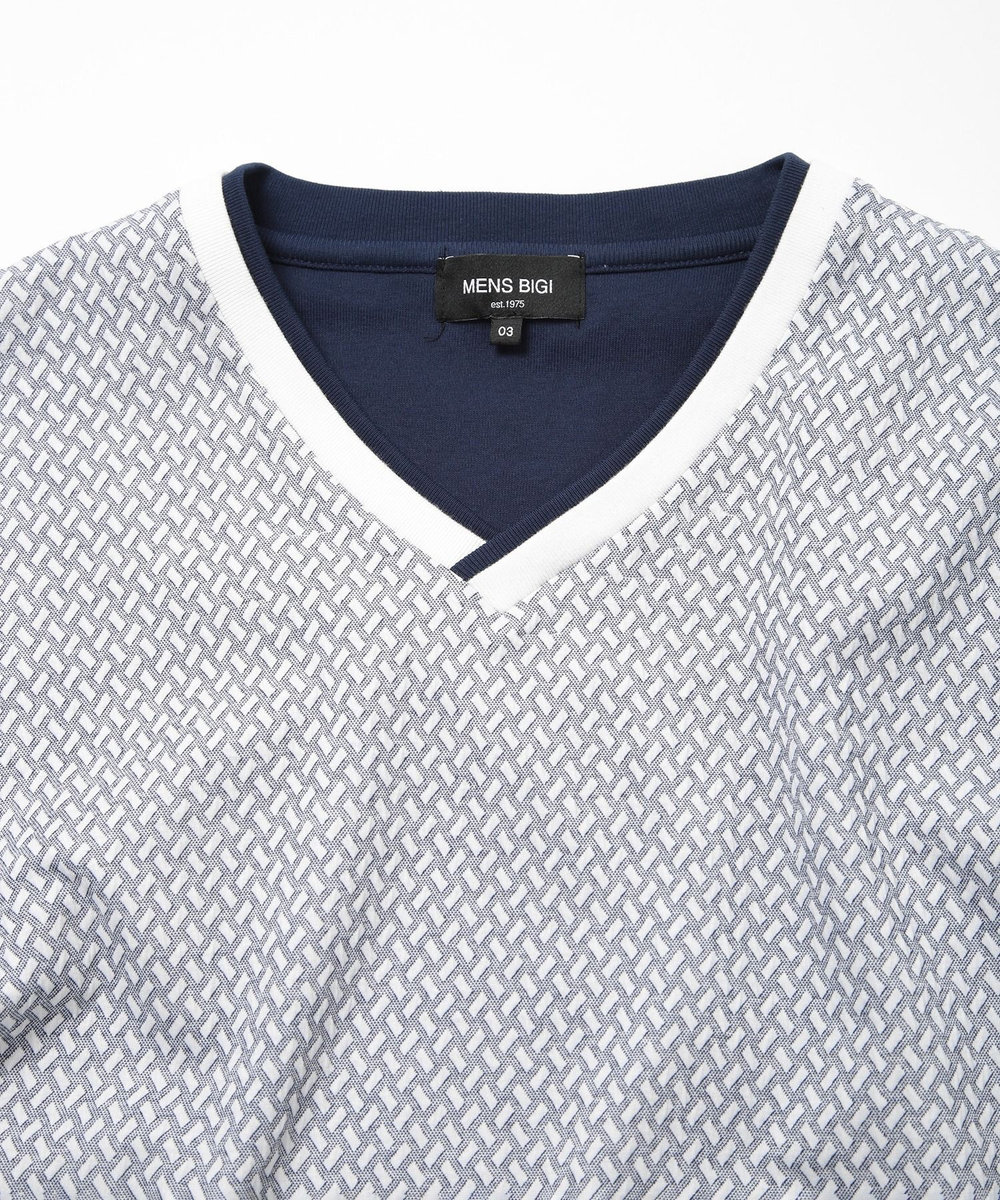 MEN'S BIGI 膨れジャカードVネックTシャツ ブルー系その他
