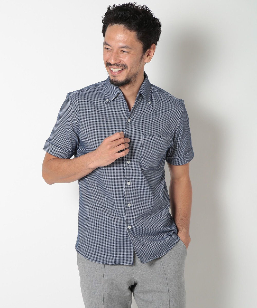 MEN'S BIGI 【ACTIVE TAILOR】吸水速乾ミニワッフルワンピースカラー半袖シャツ ネイビー