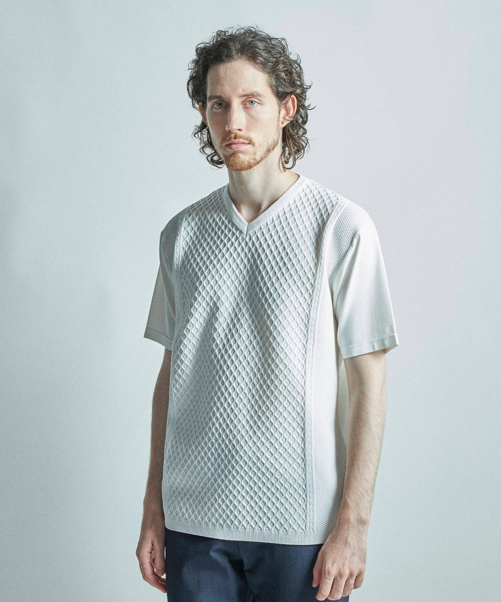 MEN'S BIGI サマーニットコンビVネック半袖Tシャツ グレー