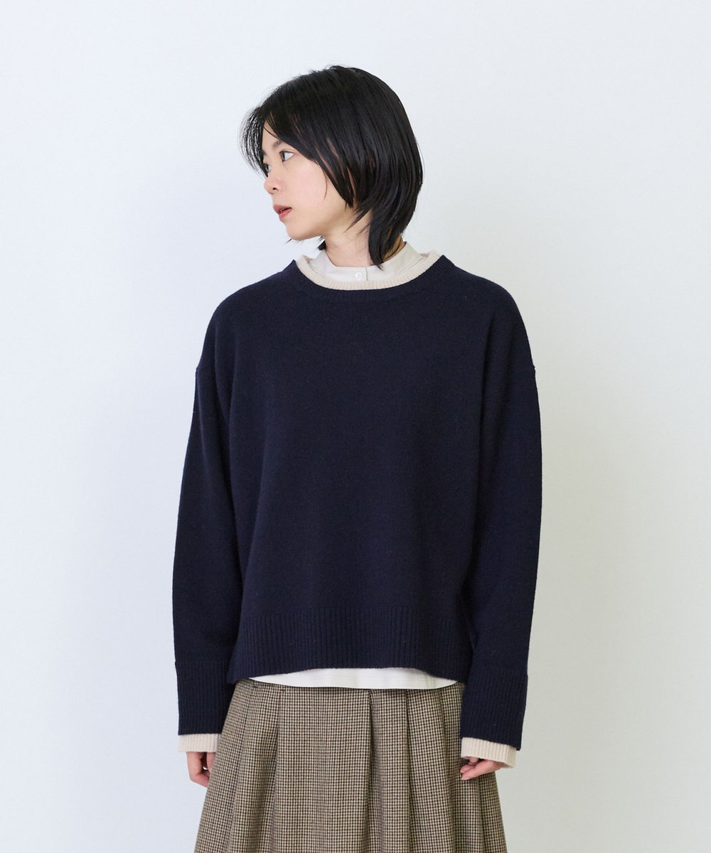 LOISIR ウール天竺配色プルオーバー ネイビー