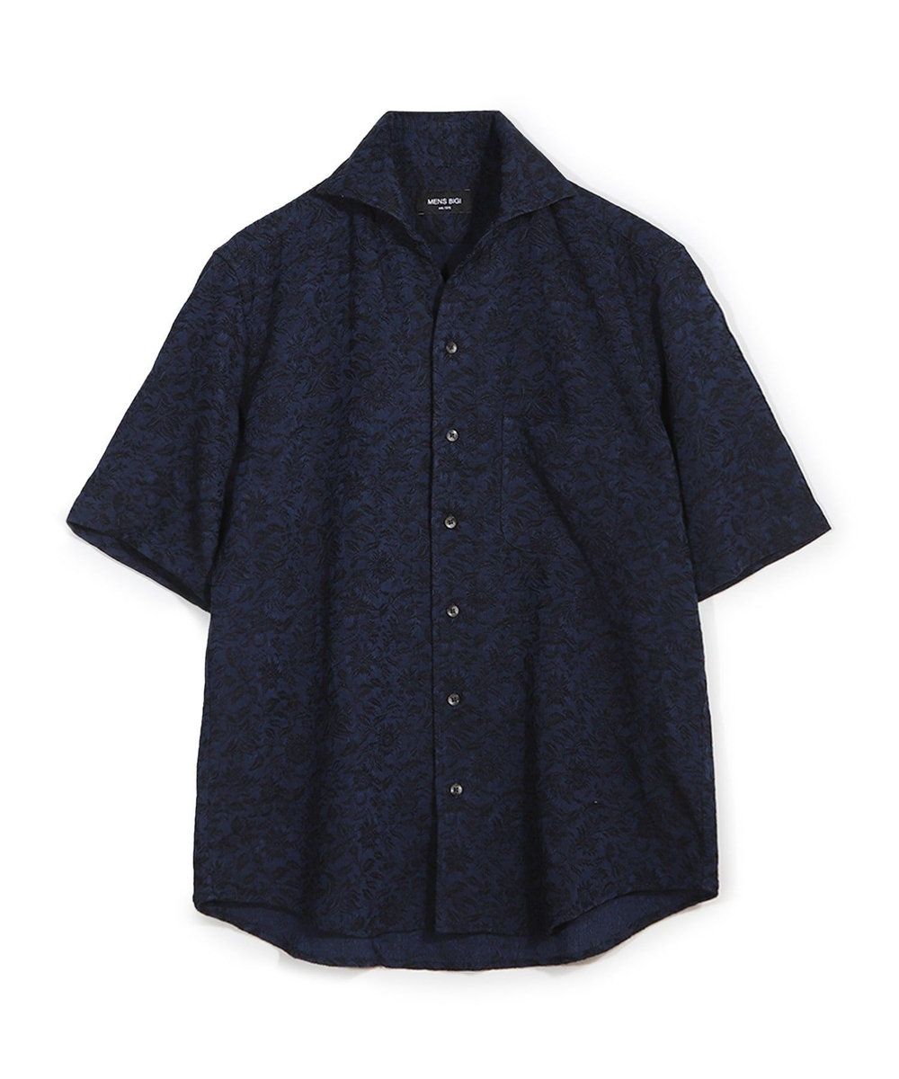 MEN'S BIGI ジャガードワンピースカラーハーフスリーブシャツ ネイビー