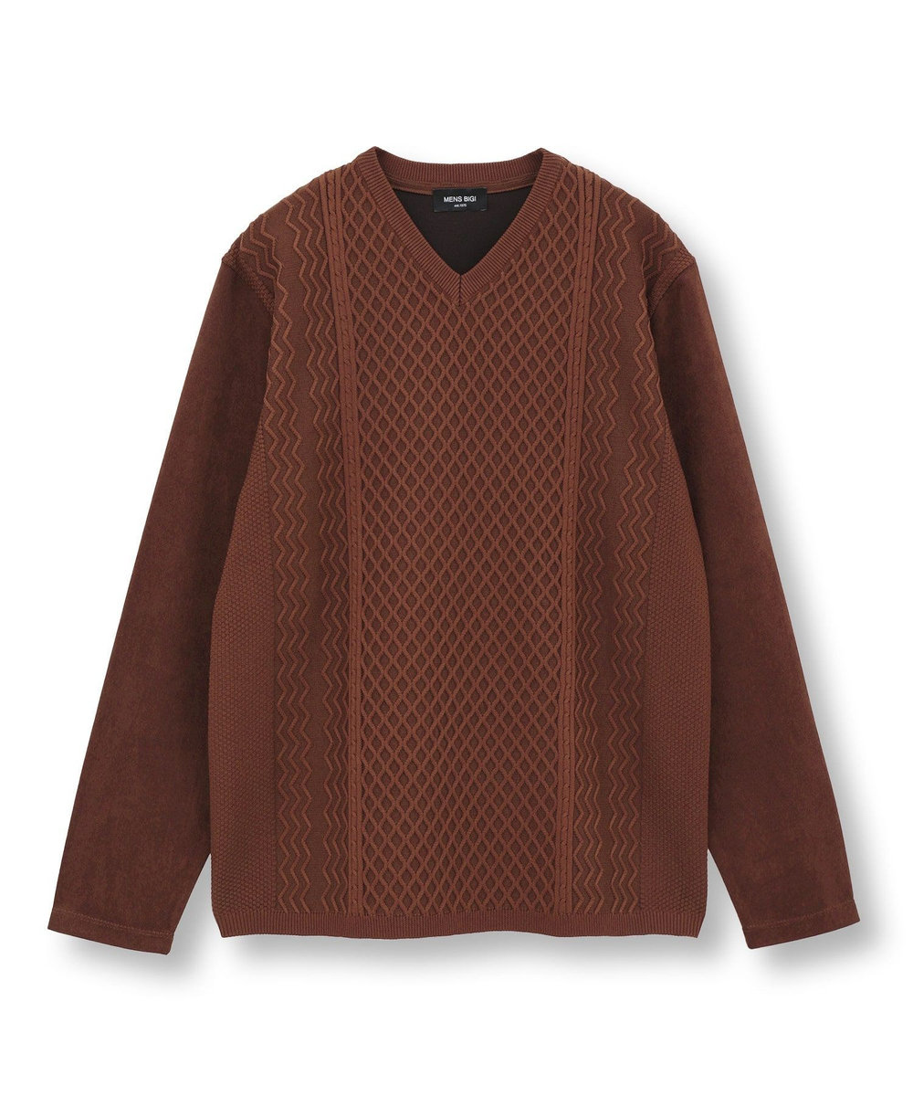 MEN'S BIGI ニットコンビ フェイクスエード長袖Tシャツ ブラウン