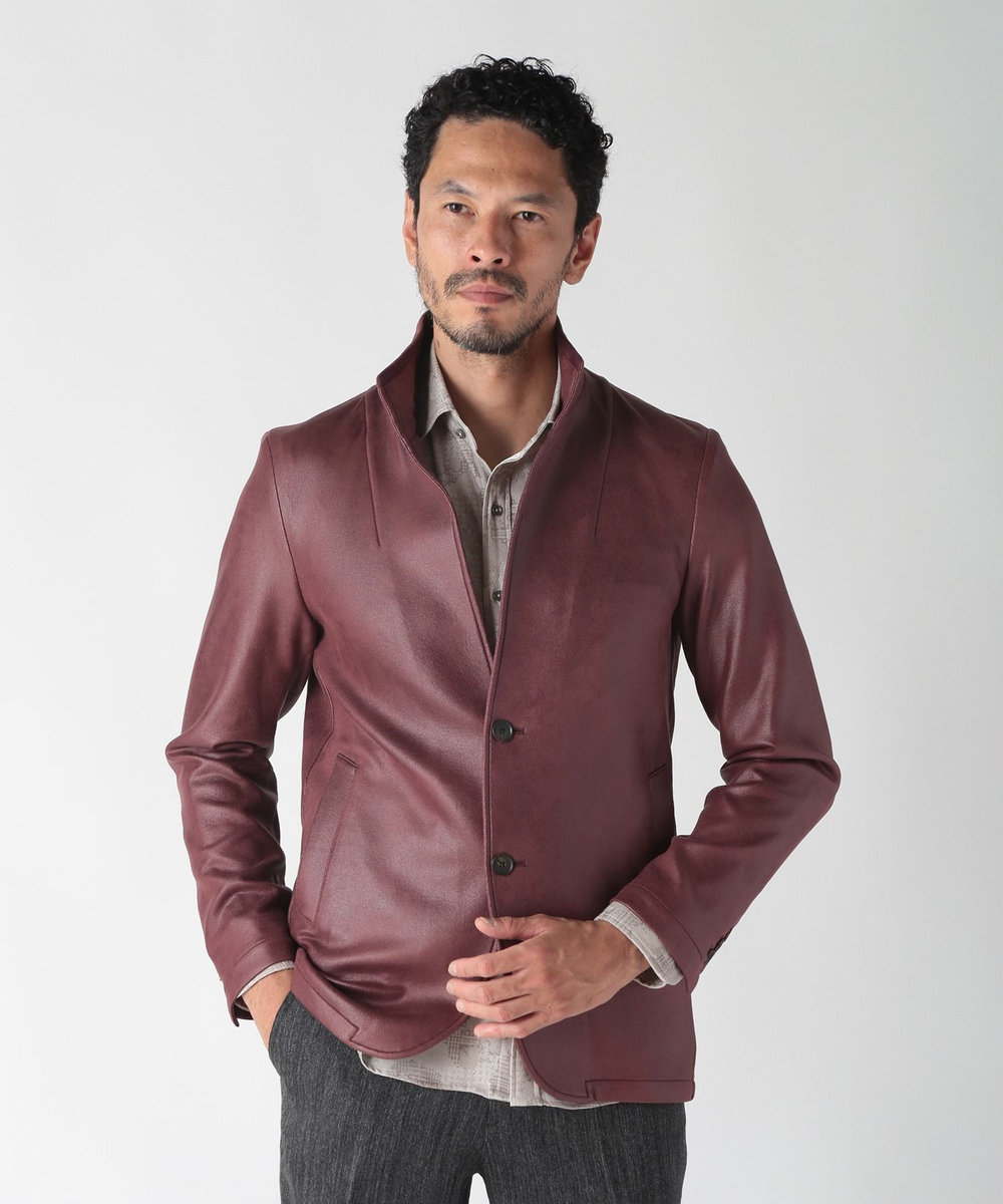 MEN'S BIGI レザー調ダンボールジャージスタンドカラージャケット ボルドー