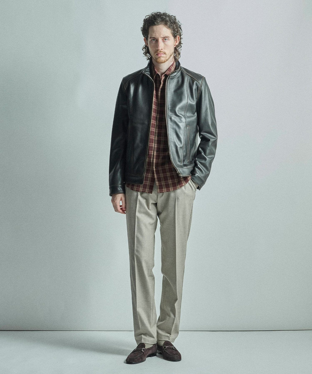 MEN'S BIGI スタンドカラーシングルライダース シープレザージャケット＜エイジング加工＞ ブラック