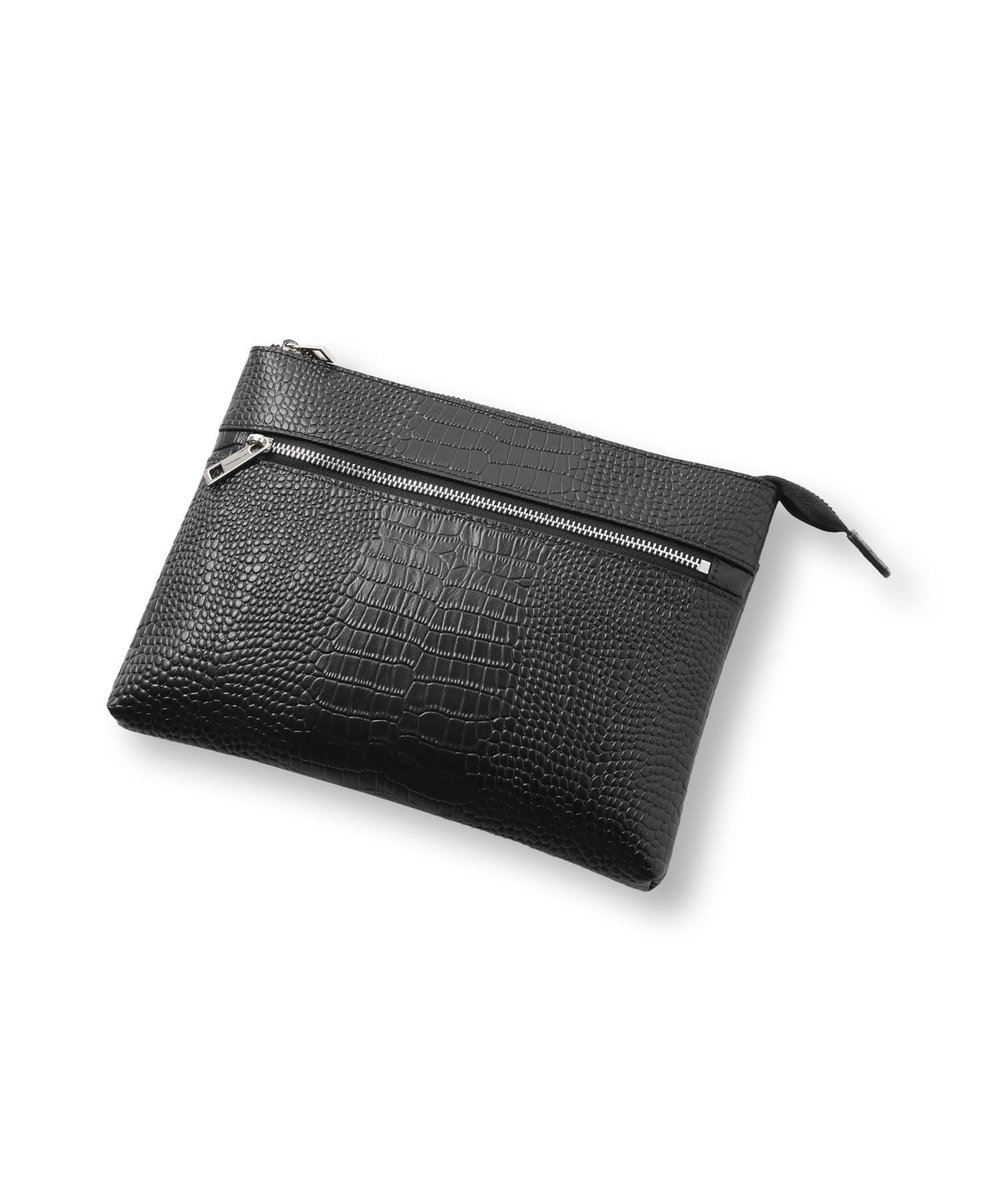MEN'S BIGI クロコ風レザー横型マルチクラッチバッグ ブラック