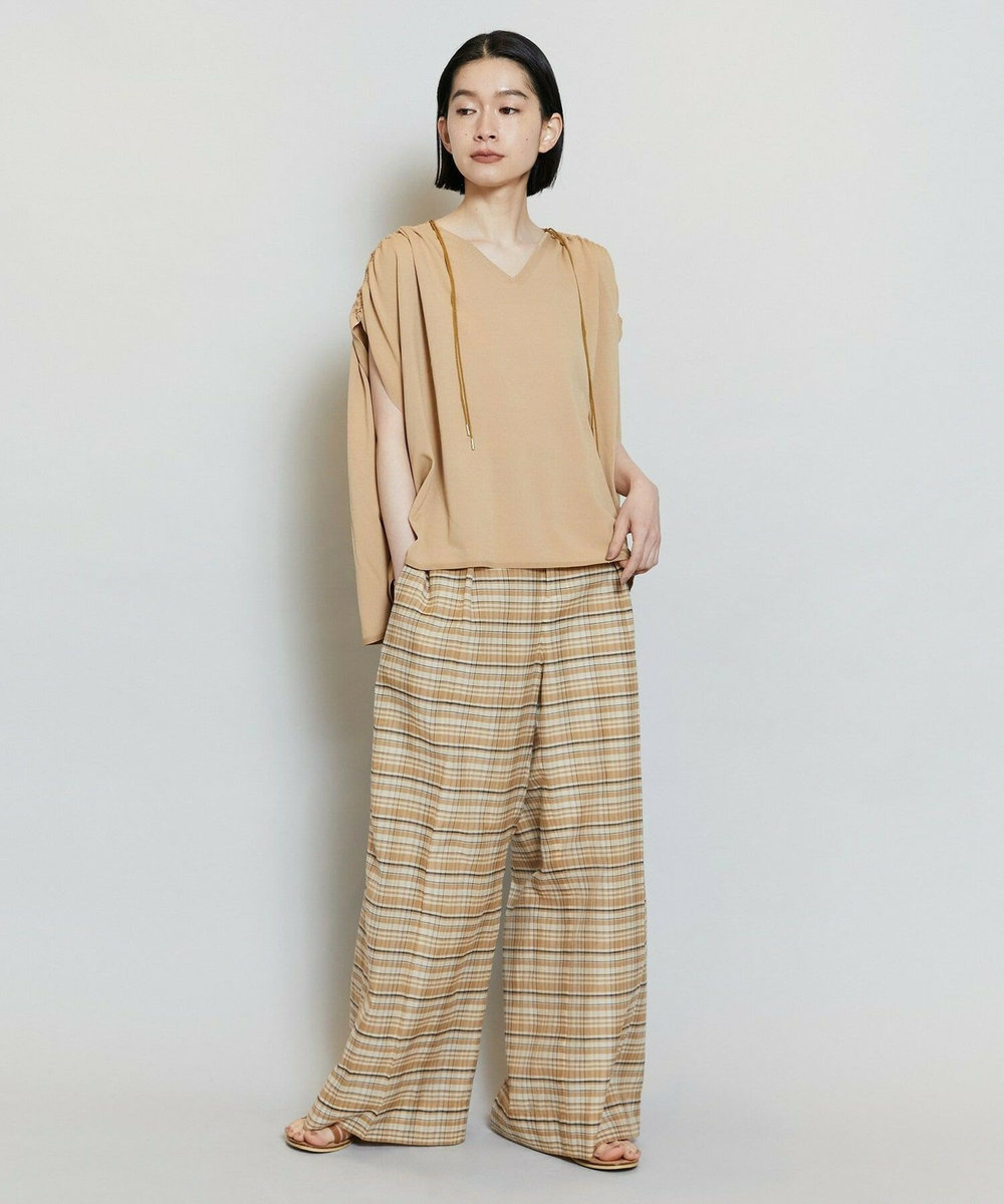MOGA コットンシルクチェックセンタープレスワイドパンツ［セットアップ可能］ ベージュ