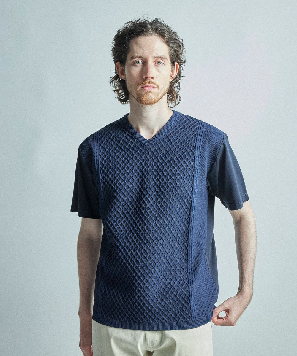 MEN'S BIGI サマーニットコンビVネック半袖Tシャツ ネイビー