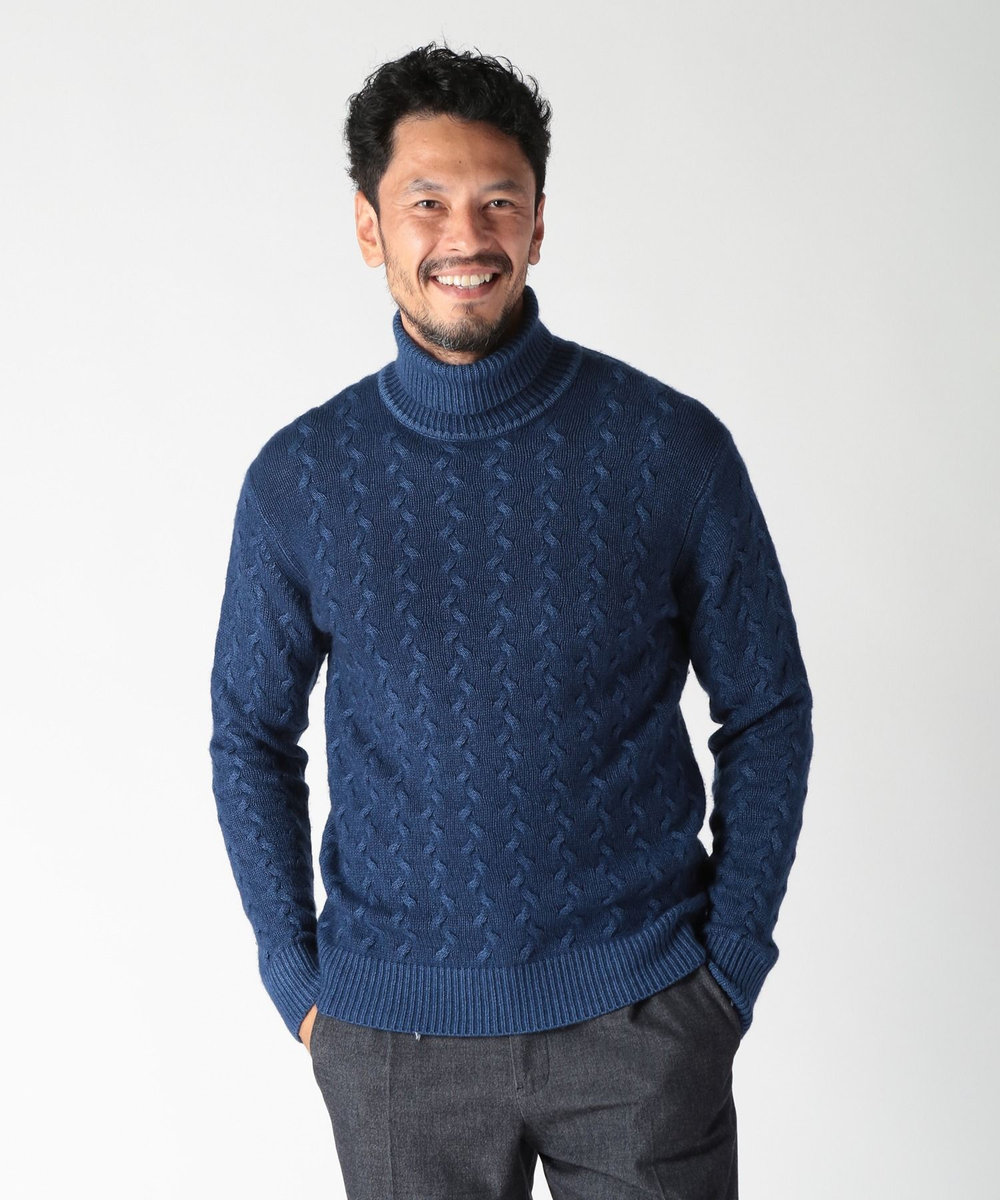 MEN'S BIGI 5ゲージスノー加工ケーブルタートルネックセーター ブルー