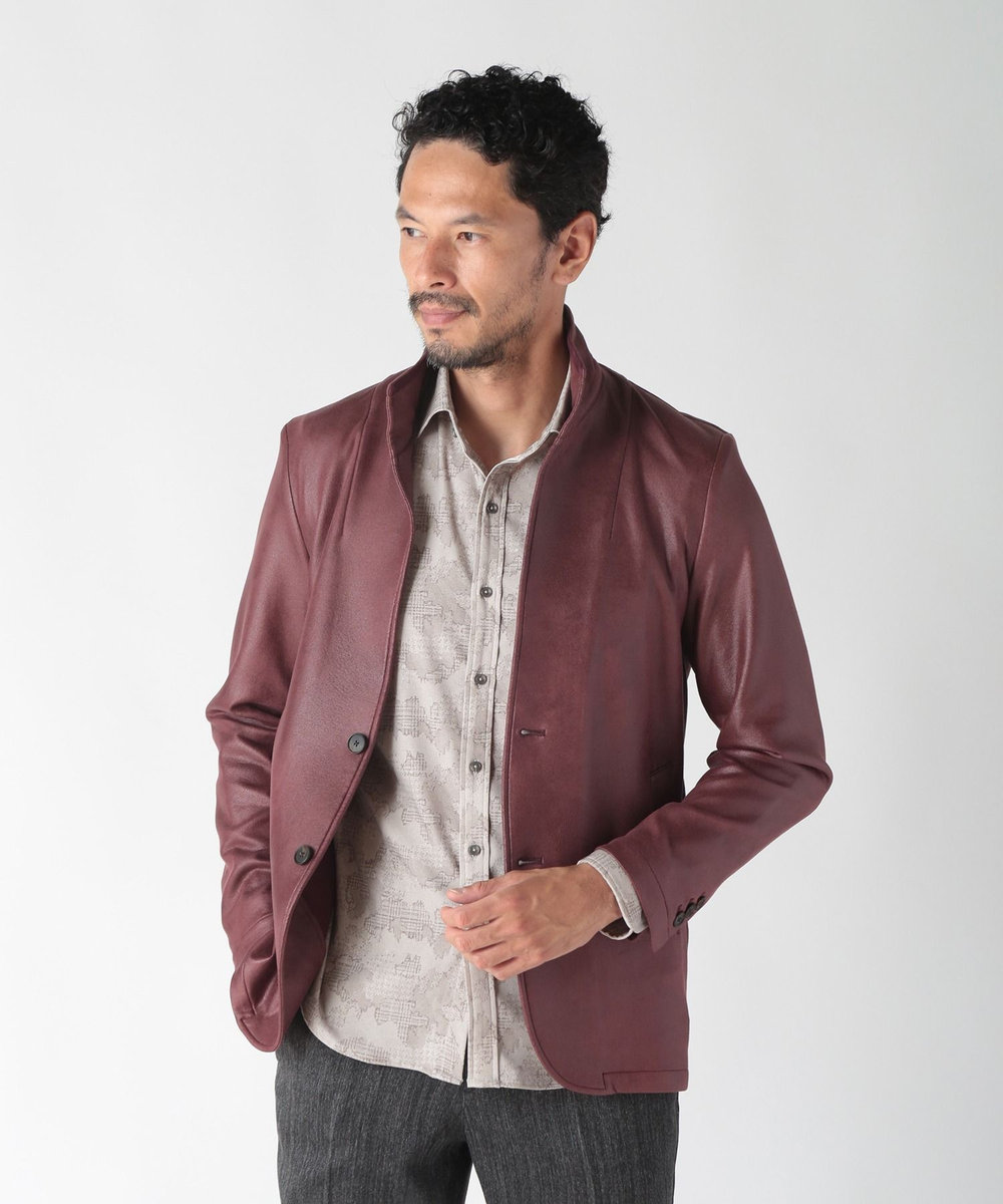 MEN'S BIGI レザー調ダンボールジャージスタンドカラージャケット ボルドー