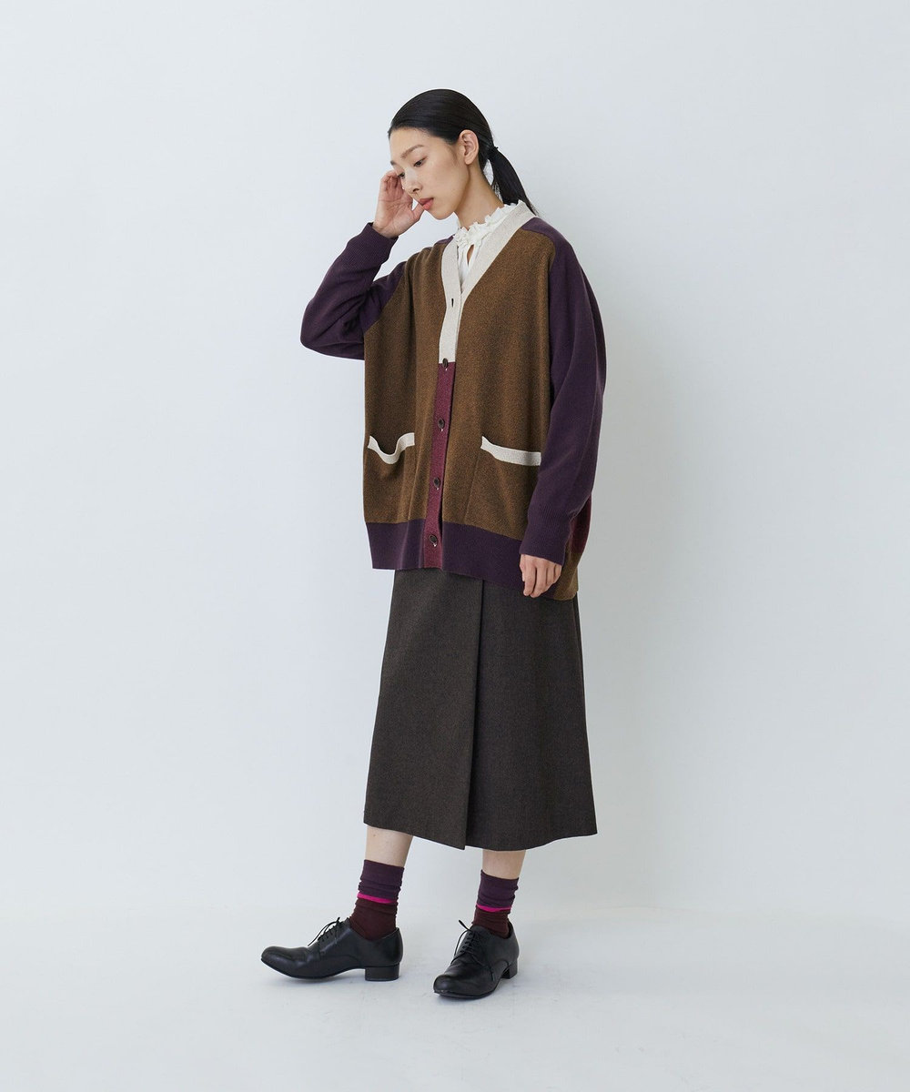 LOISIR カシミヤ混天竺パッチワークカーディガン ボルドー