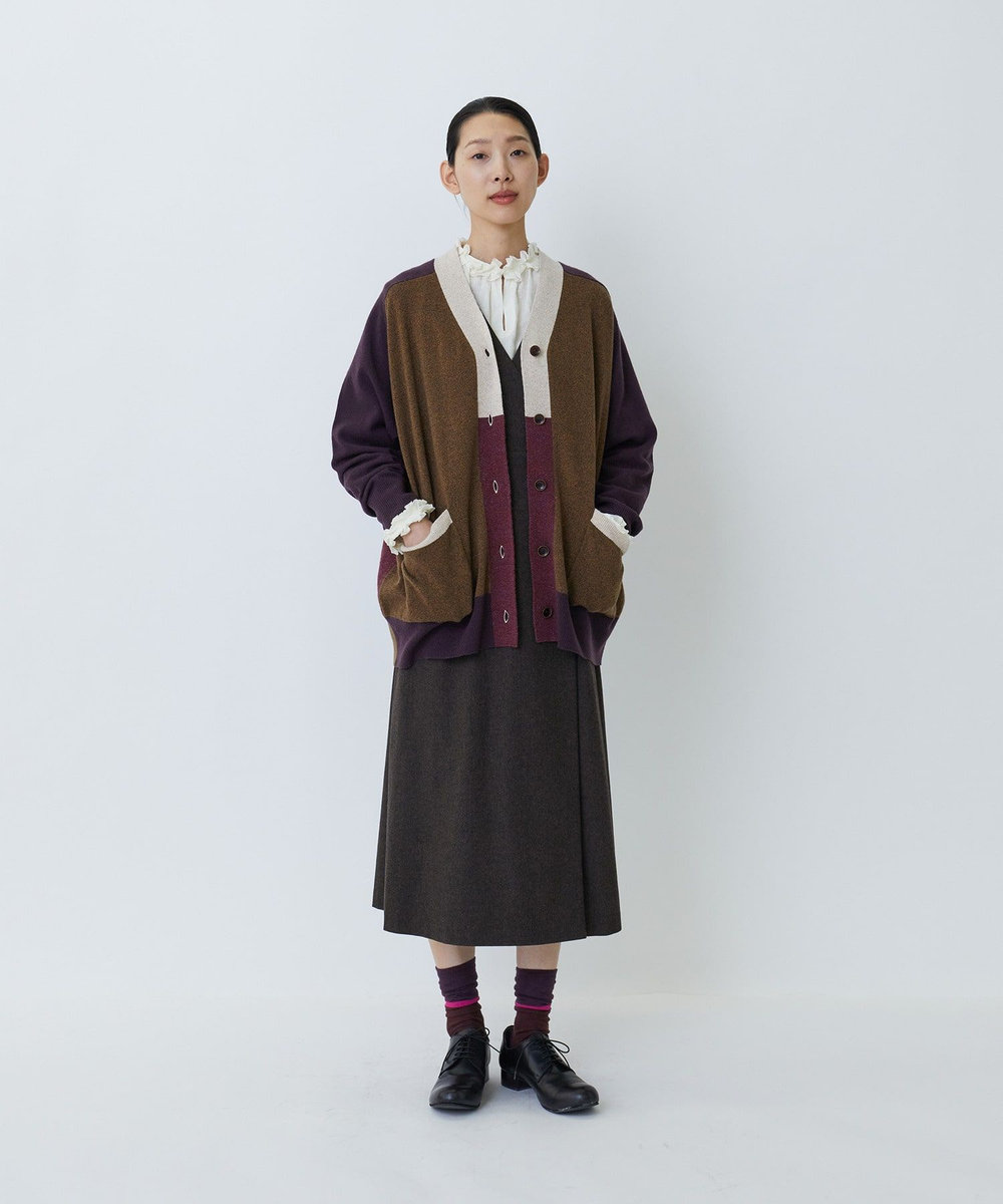 LOISIR カシミヤ混天竺パッチワークカーディガン ボルドー