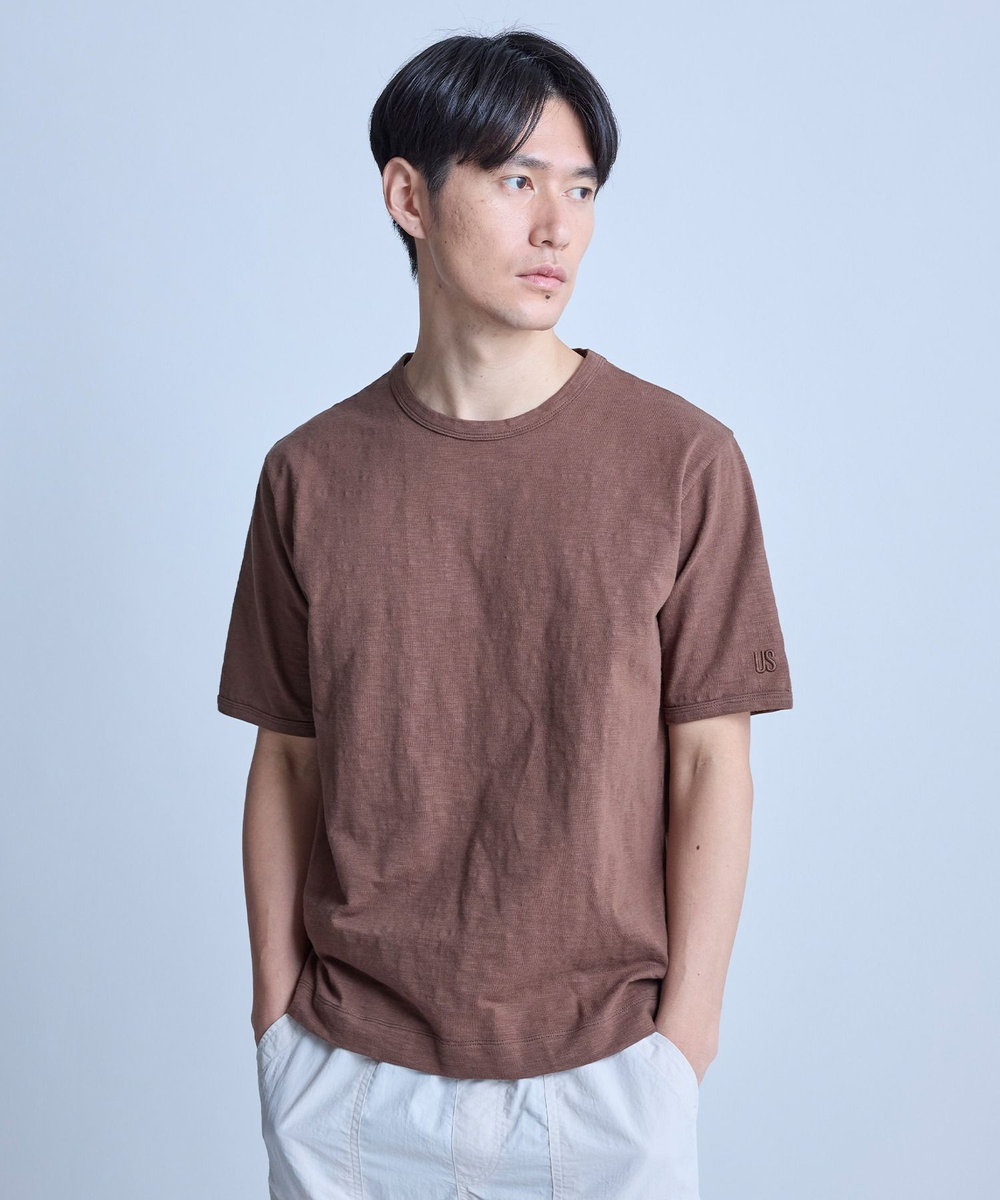 UNION STATION スラブ天竺袖刺繍Tシャツ ブラウン
