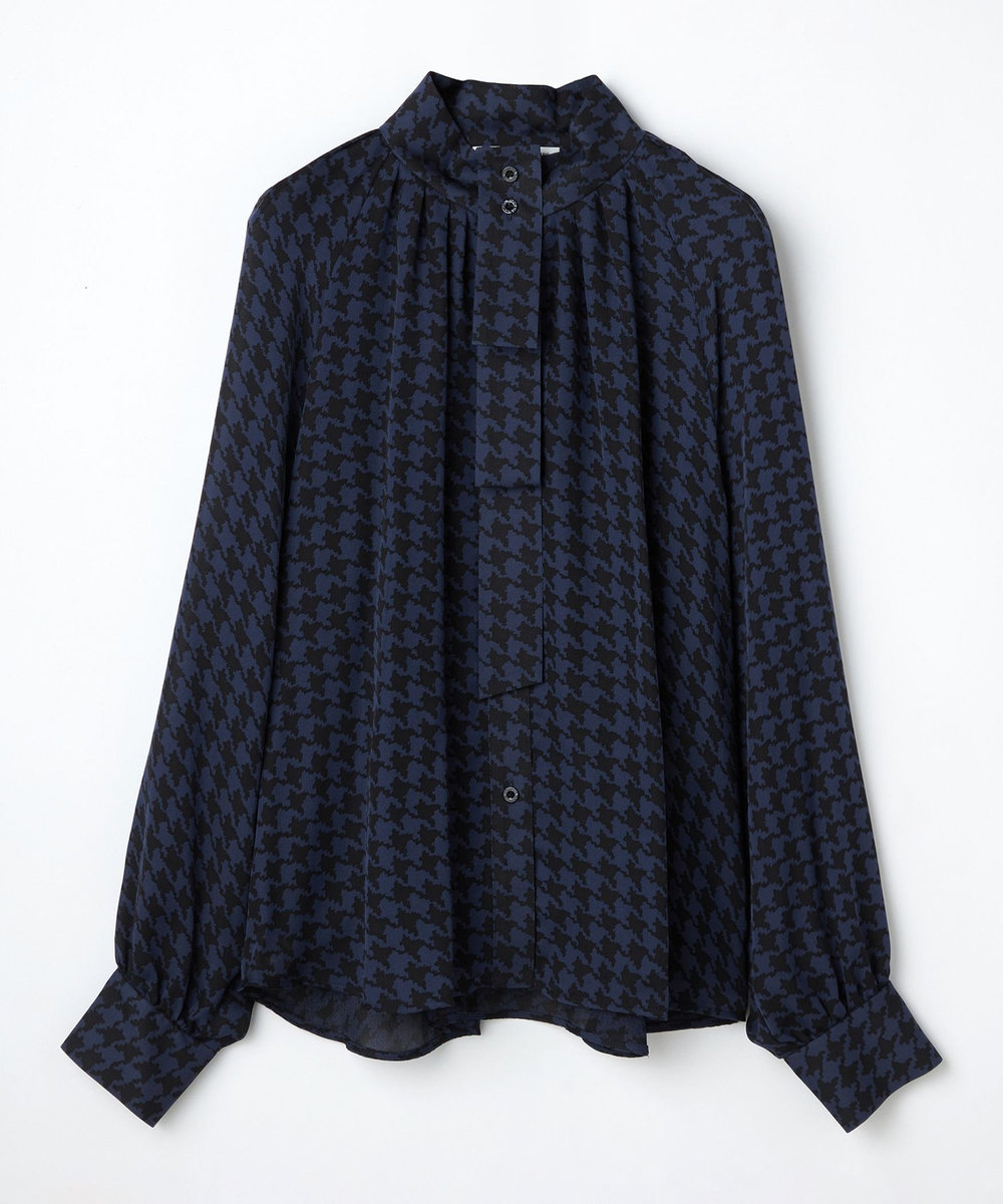 L'EQUIPE COUTURIER シルクジョーゼットハウンドトゥースPtブラウス ネイビー