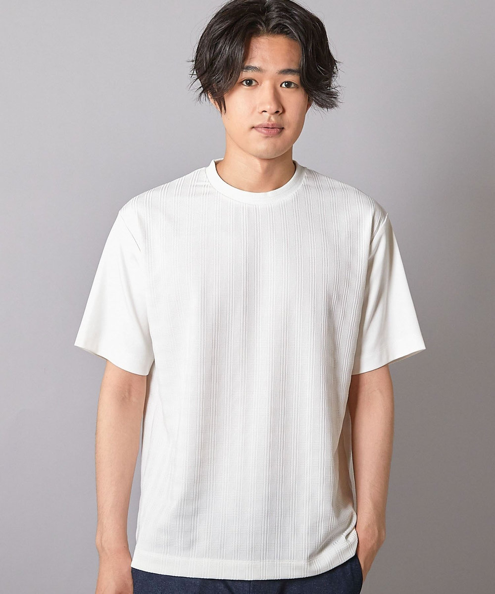 UNION STATION チェックジャガード×袖ポンチ 異素材Tシャツ ホワイト