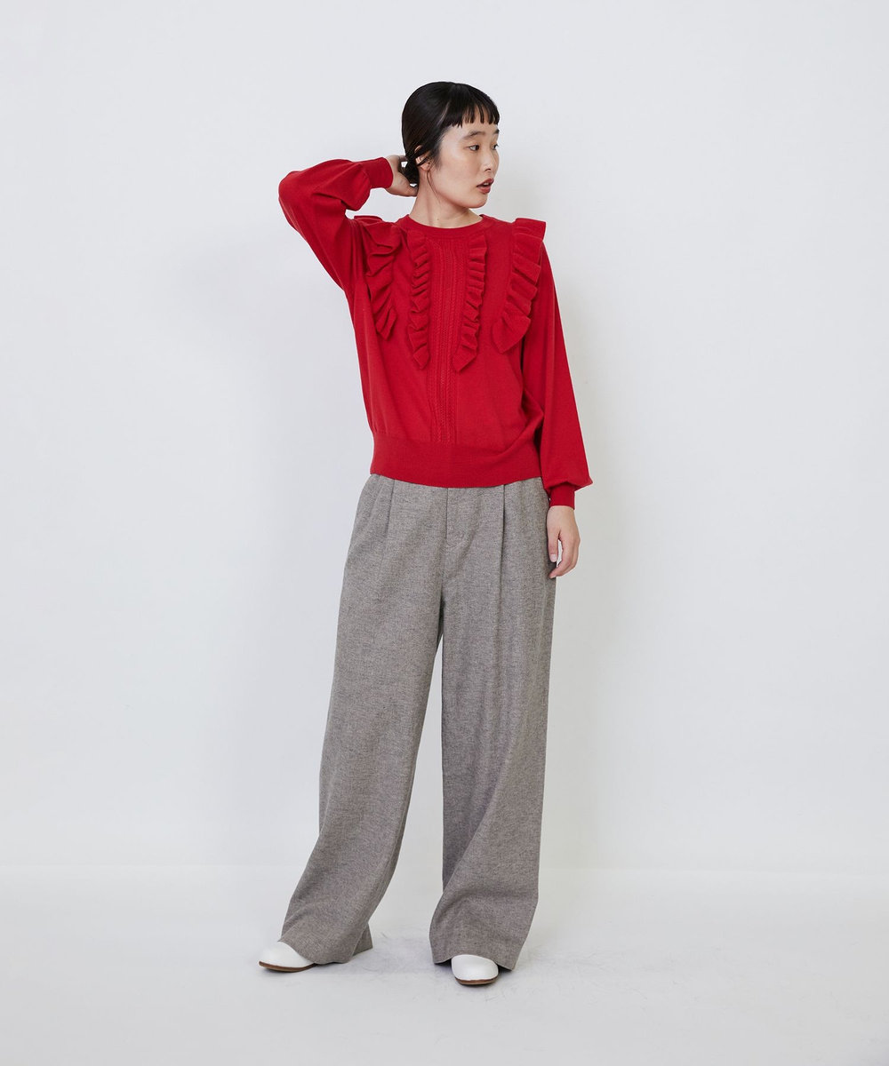 LOISIR ウール梳毛天竺フリルプルオーバー レッド