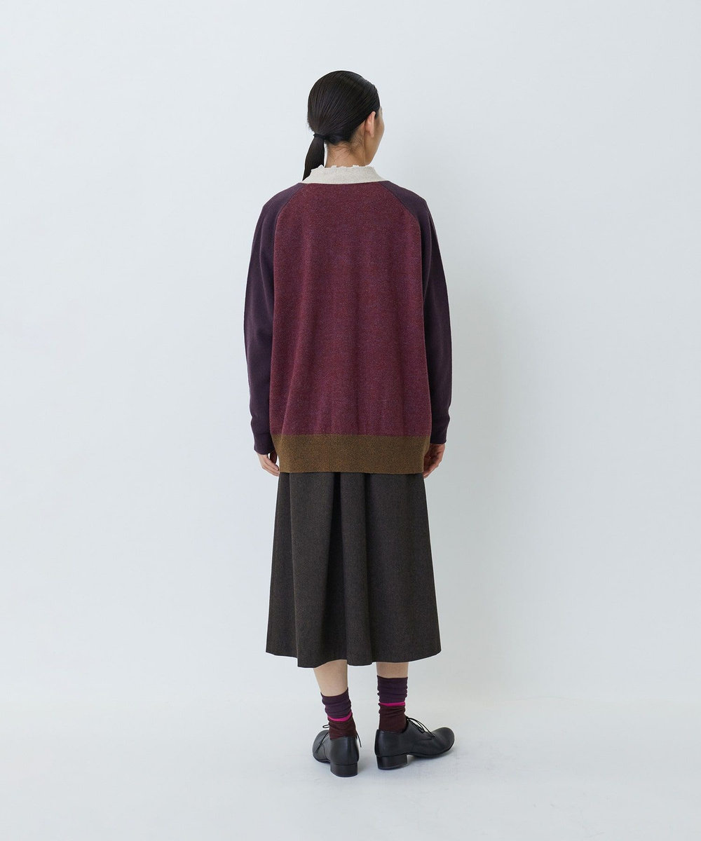 LOISIR カシミヤ混天竺パッチワークカーディガン ボルドー