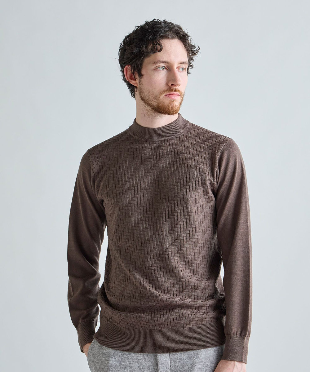 MEN'S BIGI 12Gメリノウール 幾何学柄モックネックニット モカ