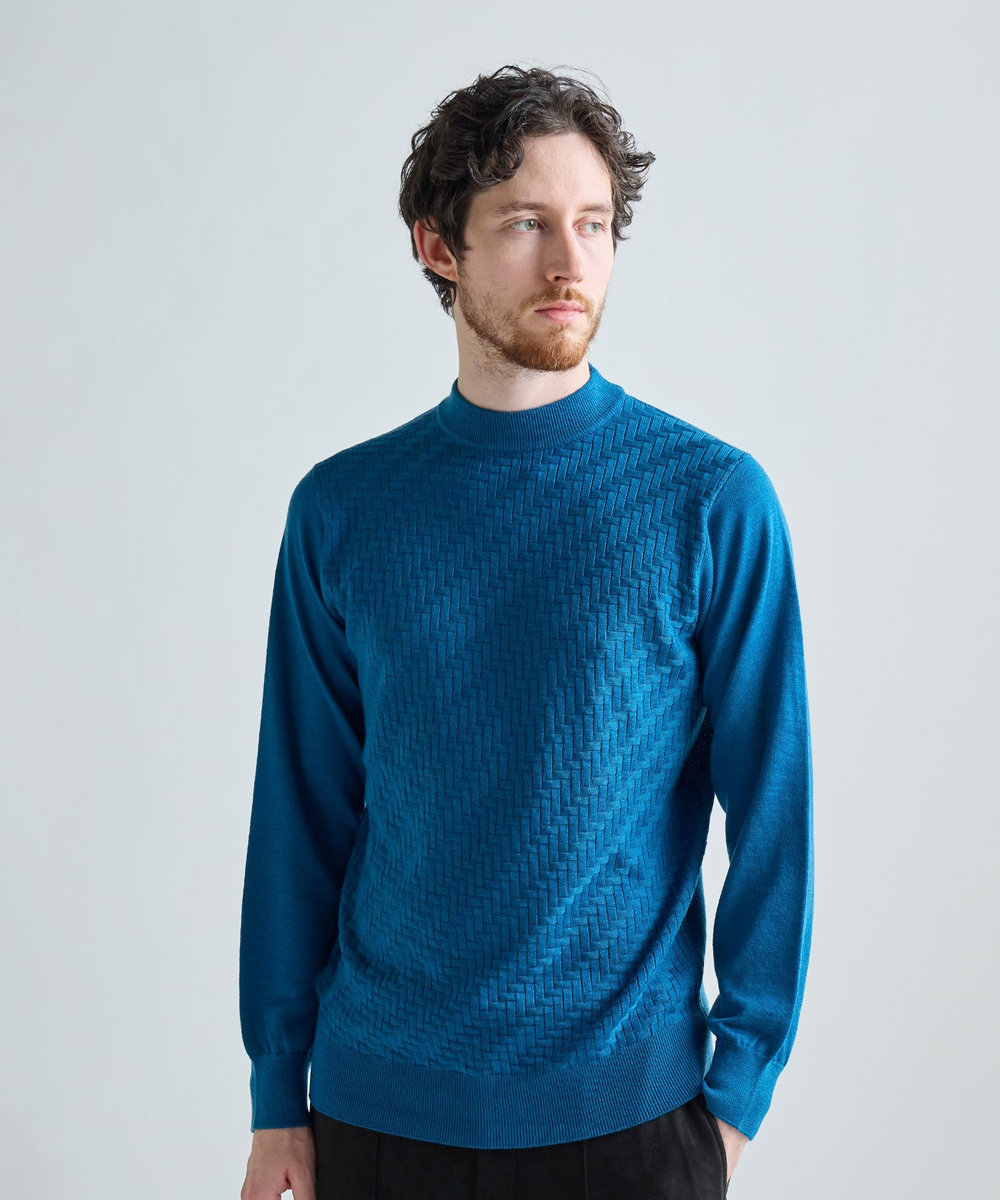 MEN'S BIGI 12Gメリノウール 幾何学柄モックネックニット ターコイズブルー