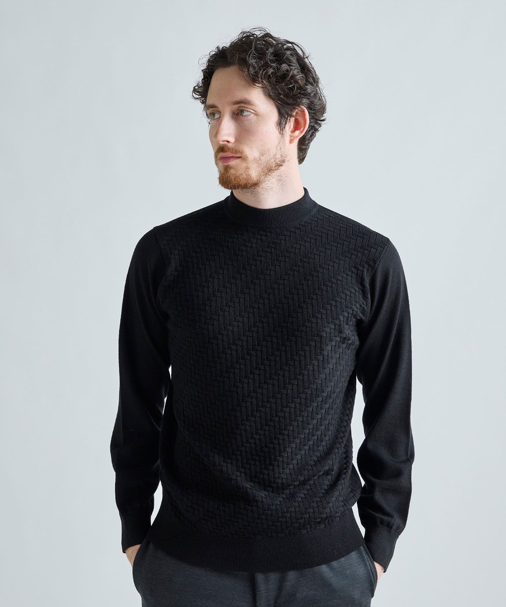 MEN'S BIGI 12Gメリノウール 幾何学柄モックネックニット ブラック