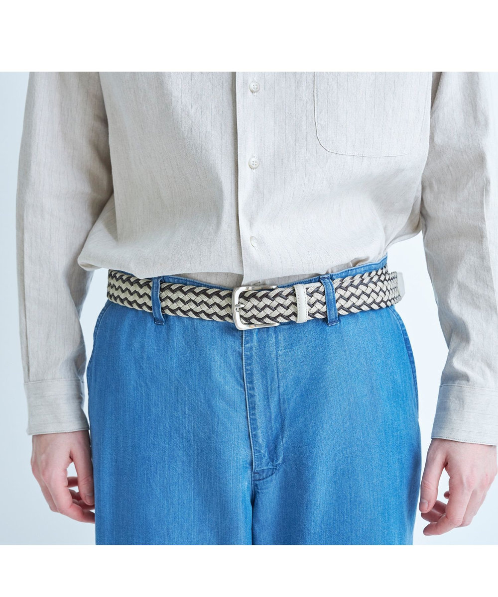MEN'S BIGI レザーミックス イタリアンメッシュベルト ベージュ
