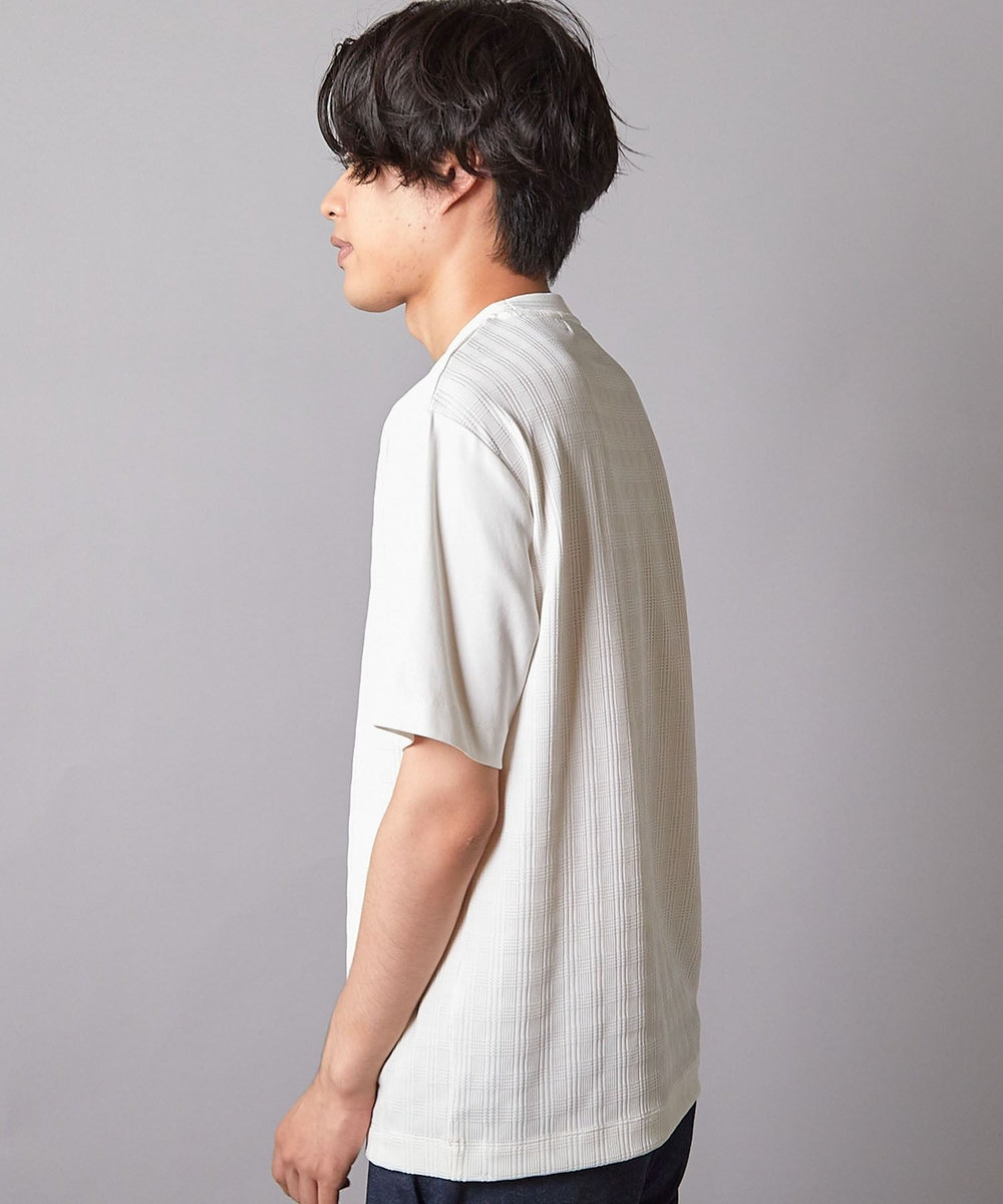 UNION STATION チェックジャガード×袖ポンチ 異素材Tシャツ ホワイト