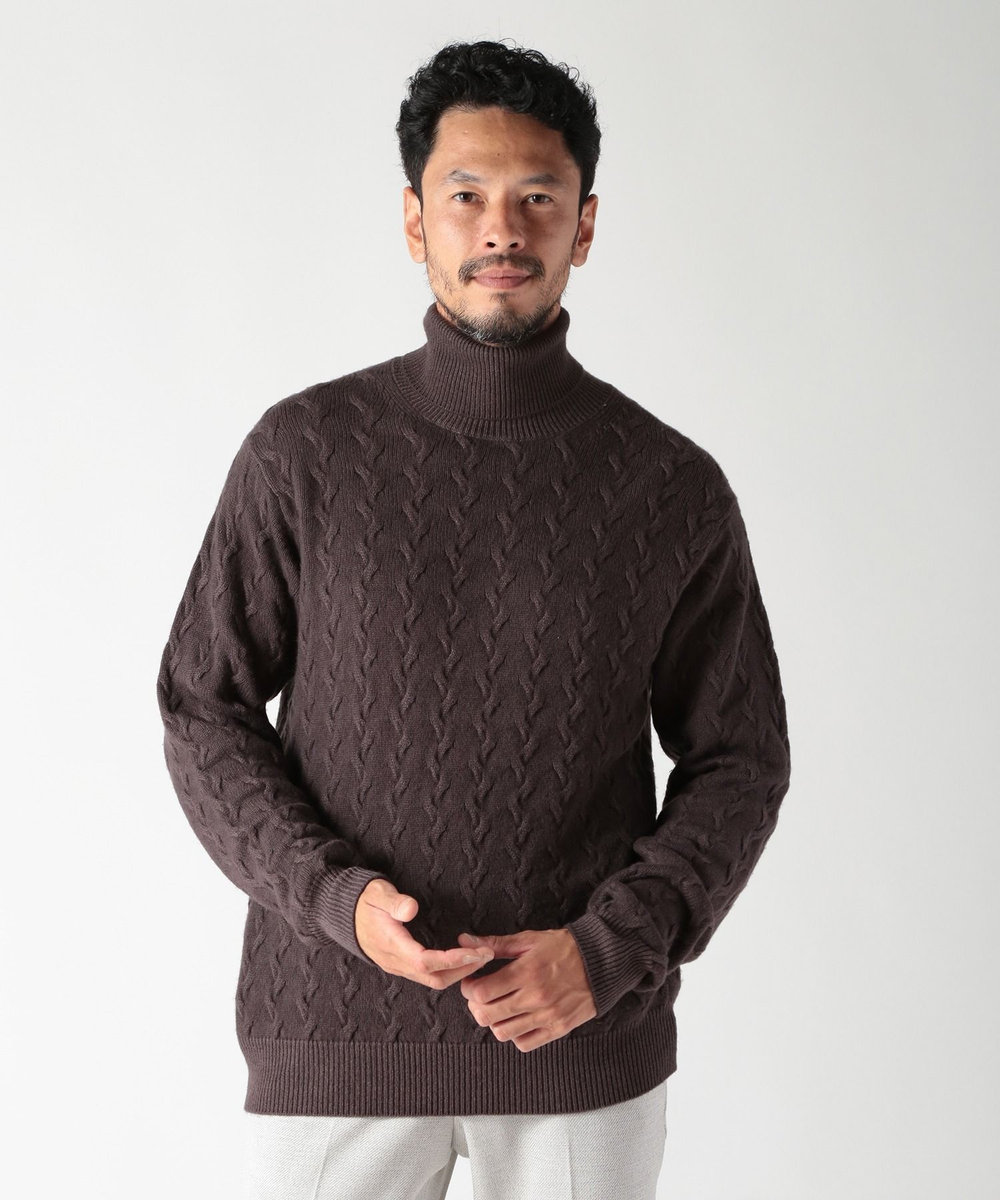 MEN'S BIGI 5ゲージスノー加工ケーブルタートルネックセーター ボルドー