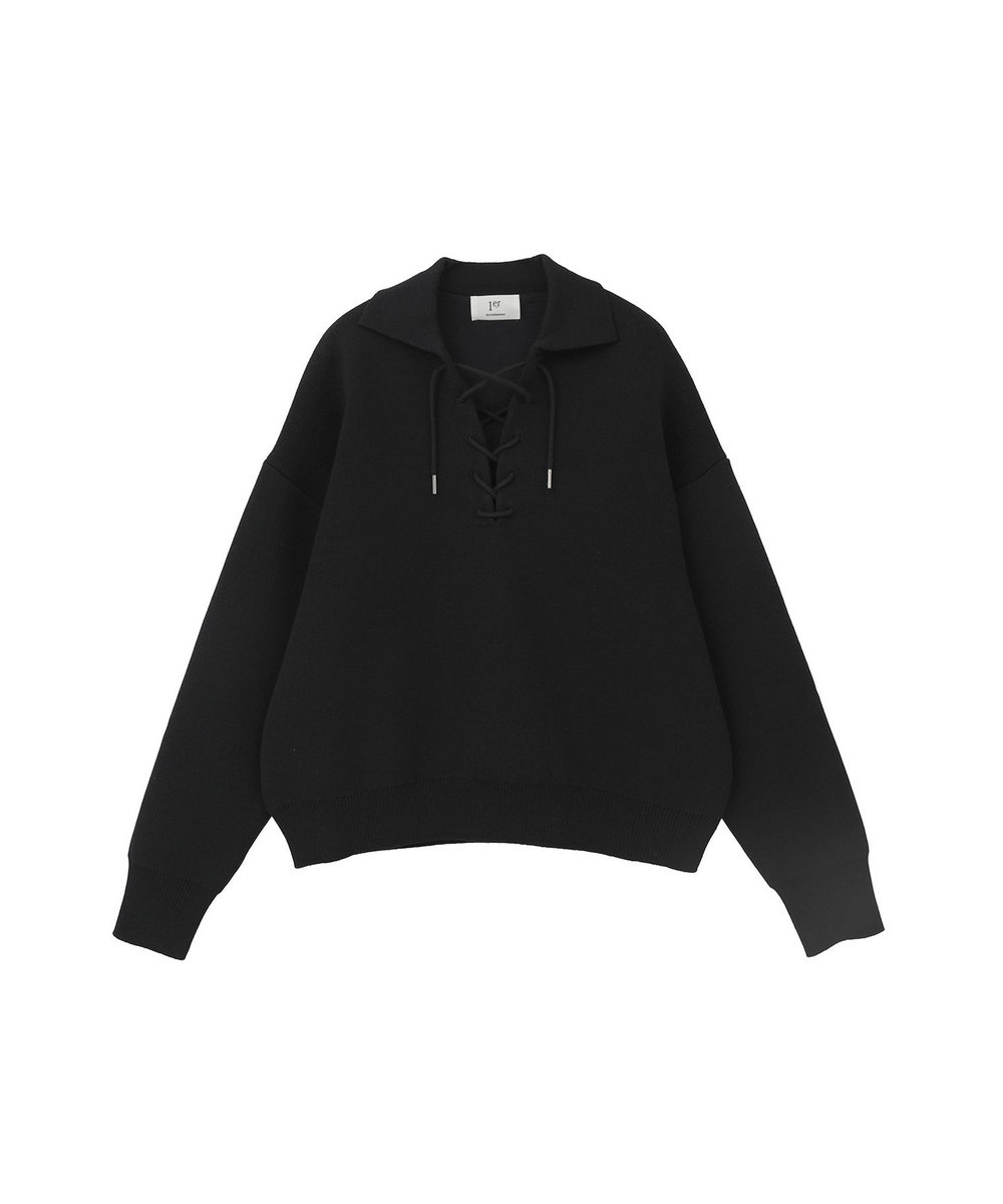 1er Arrondissement レースアップポロニットプルオーバー ネイビー