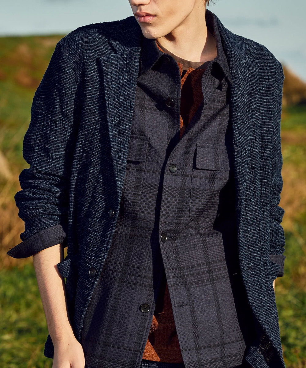 MEN'S BIGI ドビーチェックCPOシャツ ネイビー