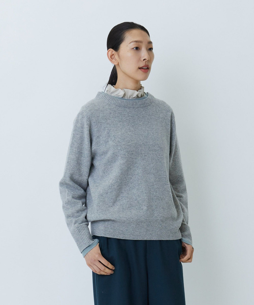 LOISIR カシミヤ混天竺配色ニット グレー