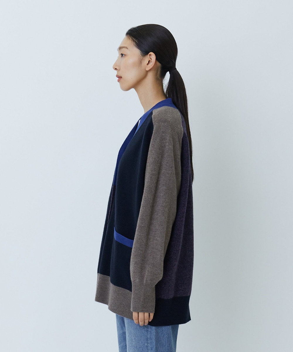 LOISIR カシミヤ混天竺パッチワークカーディガン ネイビー