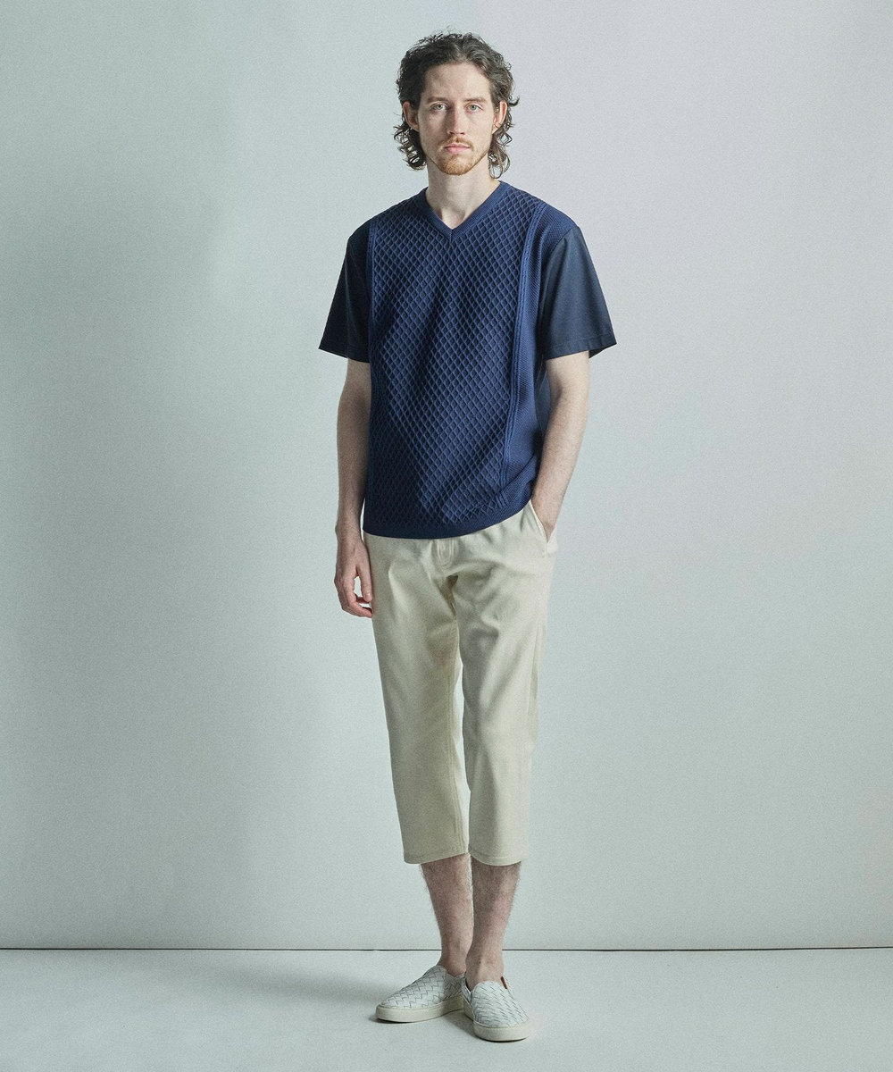 MEN'S BIGI サマーニットコンビVネック半袖Tシャツ ネイビー