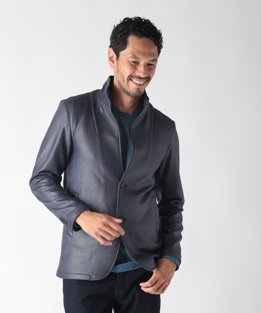 MEN'S BIGI レザー調ダンボールジャージスタンドカラージャケット ネイビー