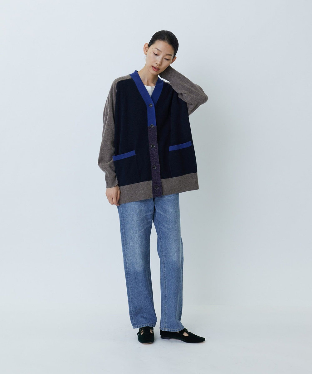 LOISIR カシミヤ混天竺パッチワークカーディガン ネイビー