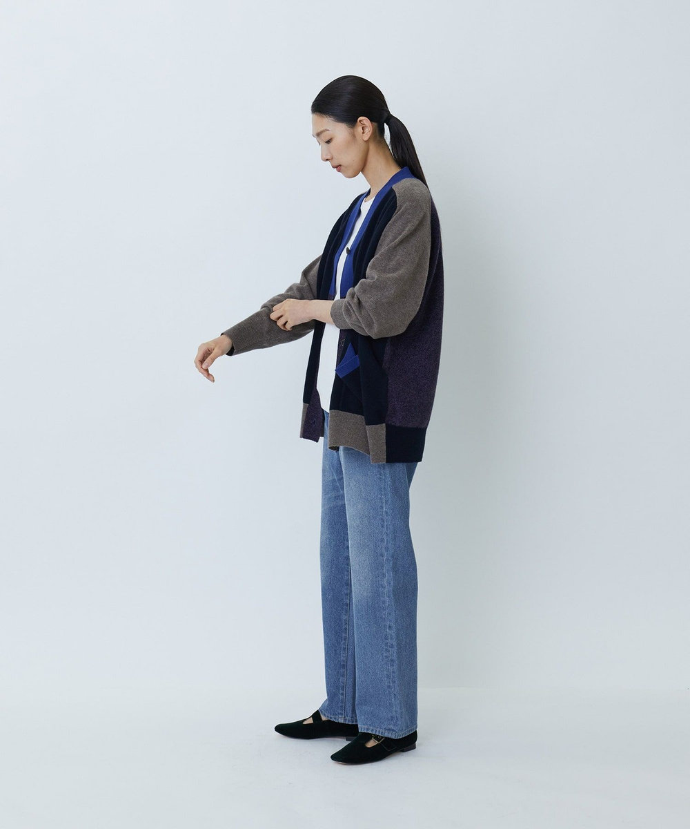 LOISIR カシミヤ混天竺パッチワークカーディガン ネイビー
