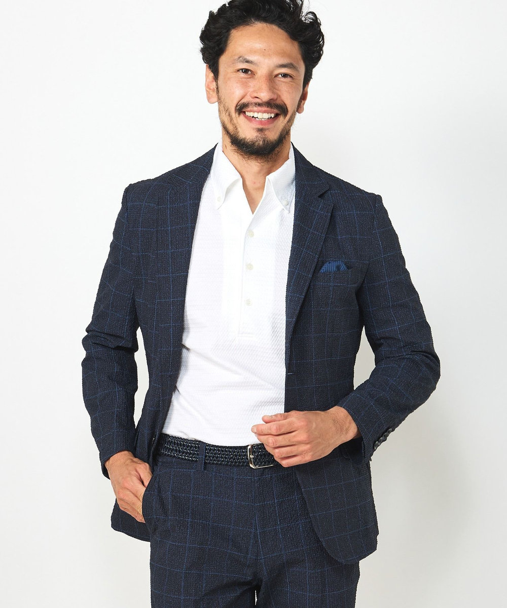 MEN'S BIGI 【ACTIVE TAILOR】3Dサッカープリントテーラードジャケット<セットアップ対応> ネイビー