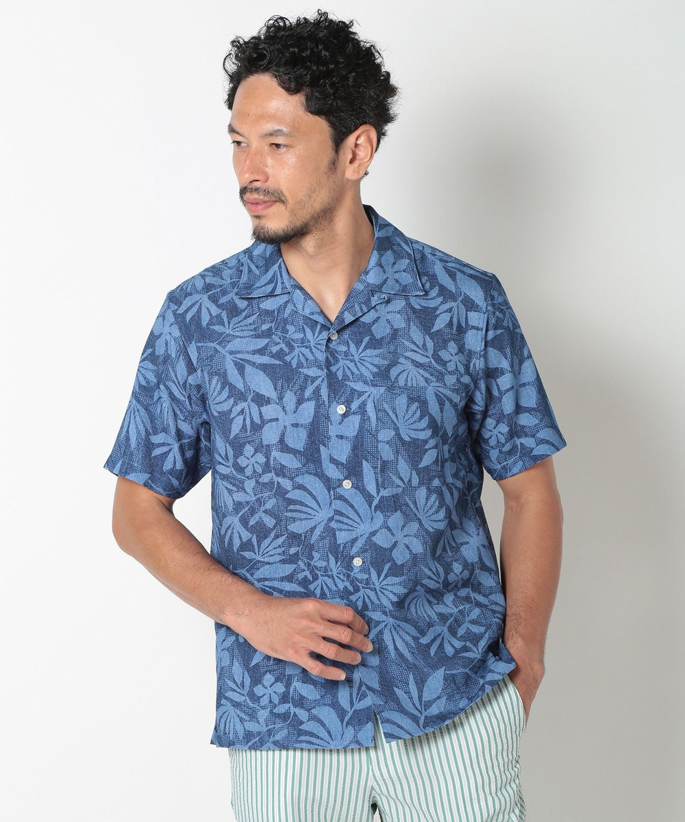 MEN'S BIGI オリジナルボタニカルプリント開襟シャツ ブルー