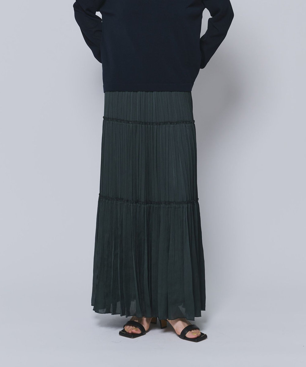 1er Arrondissement 楊柳サテンティアードプリーツスカート グリーン