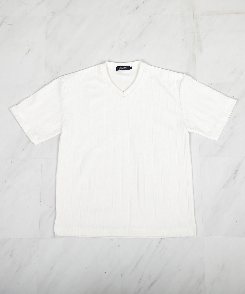 UNION STATION ストライプウェーブジャガード VネックTシャツ ホワイト