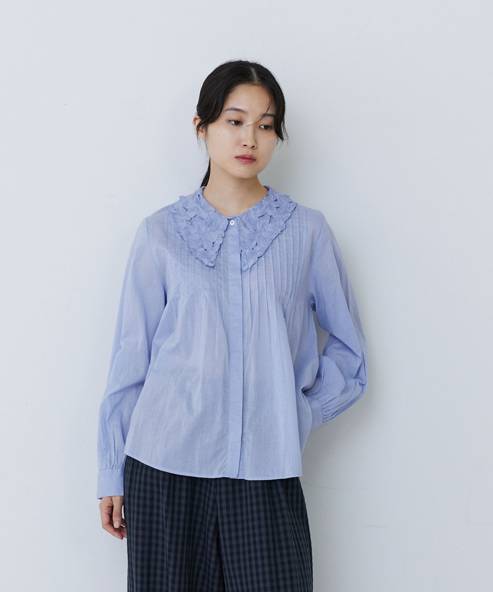 congés payés ADIEU TRISTESSE インドコットン刺繍襟ブラウス サックスブルー