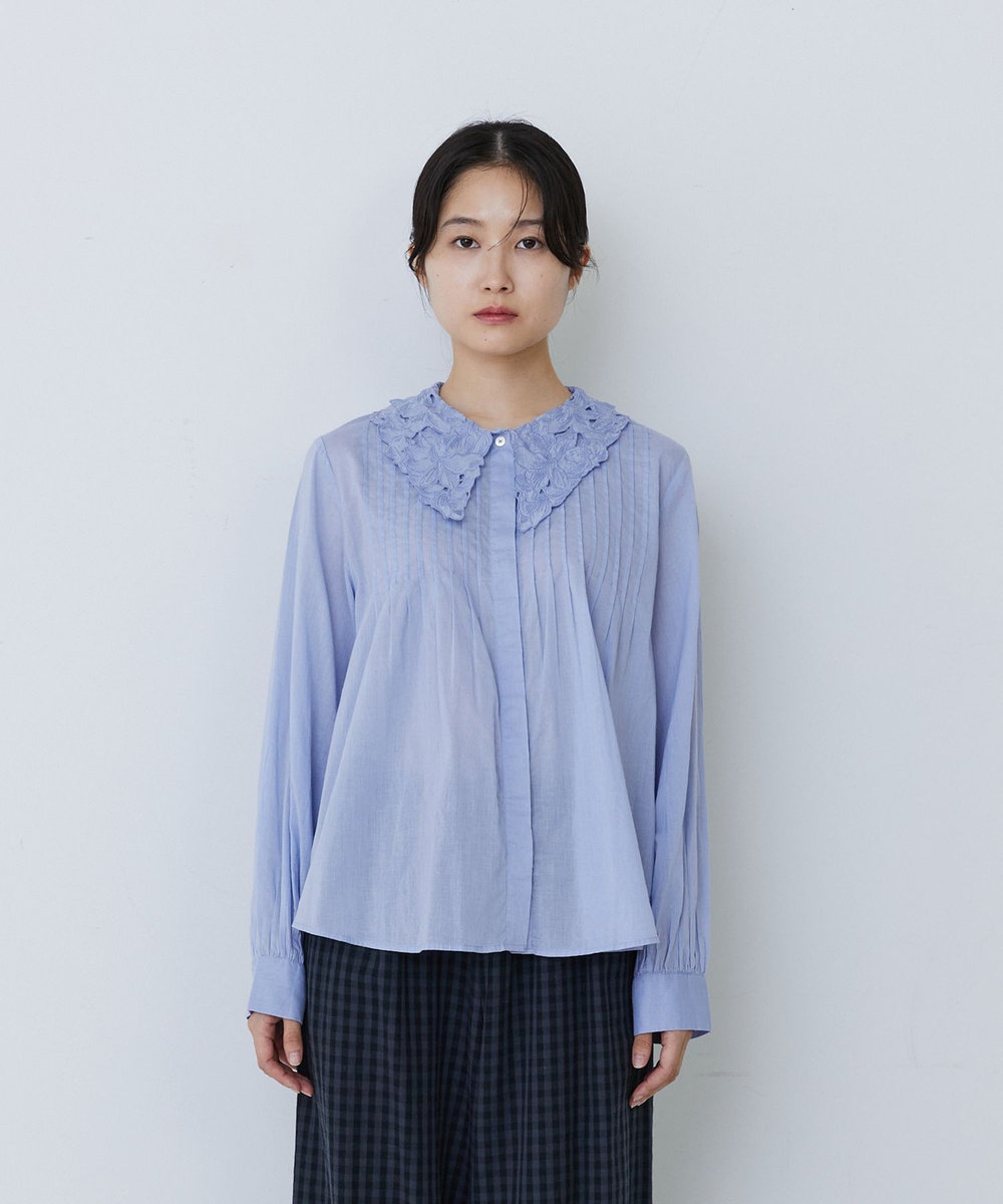 congés payés ADIEU TRISTESSE インドコットン刺繍襟ブラウス サックスブルー