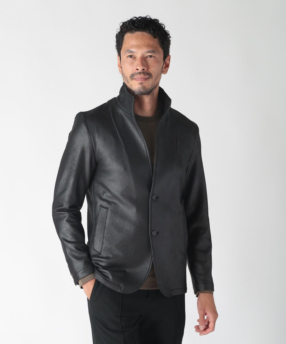 MEN'S BIGI レザー調ダンボールジャージスタンドカラージャケット ブラック