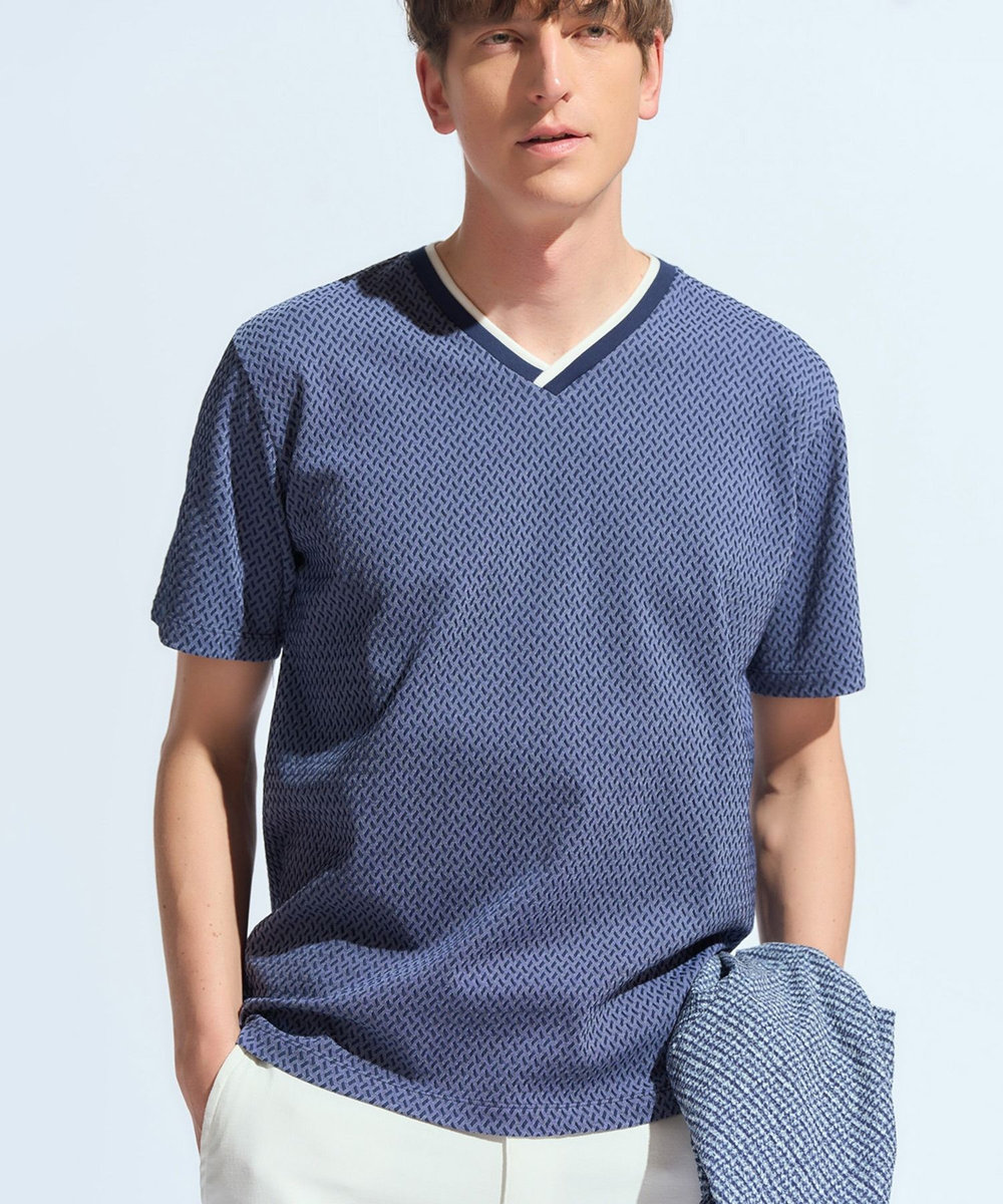 MEN'S BIGI 膨れジャカードVネックTシャツ ネイビー