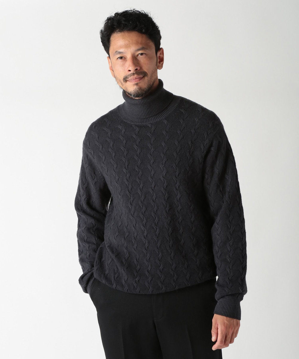 MEN'S BIGI 5ゲージスノー加工ケーブルタートルネックセーター ブラック