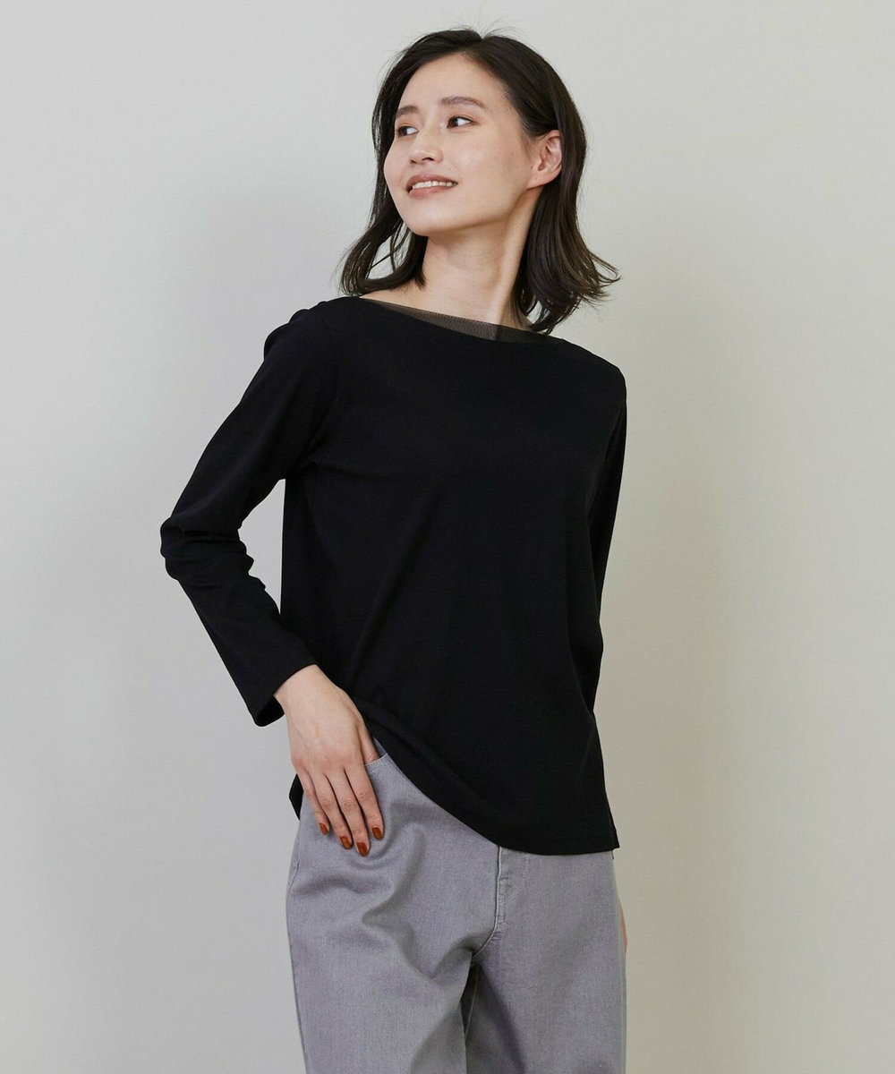 L'EQUIPE Lサイズ（大きいサイズ） 【大きいサイズ】強撚フライス&チュールカットソー ブラック