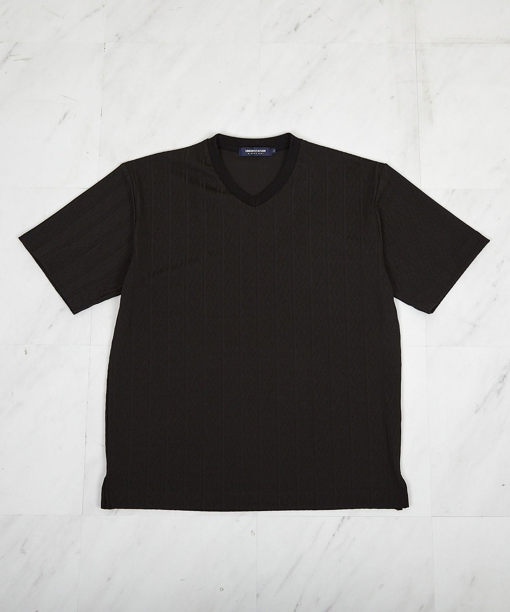UNION STATION ストライプウェーブジャガード VネックTシャツ ブラック