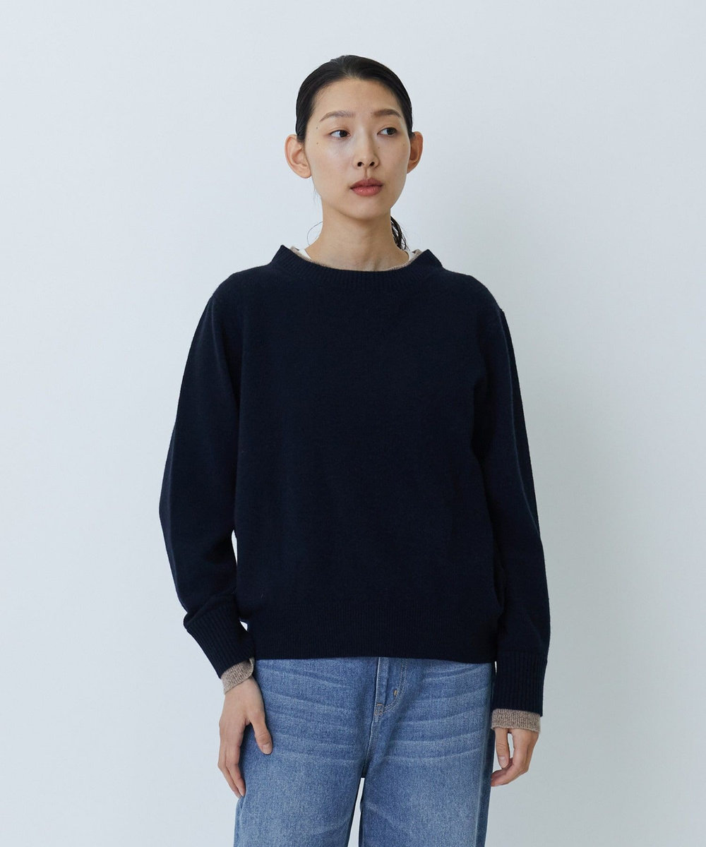 LOISIR カシミヤ混天竺配色ニット ネイビー