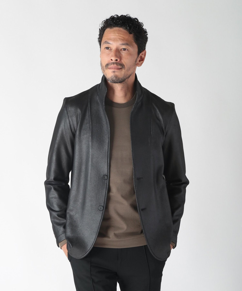 MEN'S BIGI レザー調ダンボールジャージスタンドカラージャケット ブラック