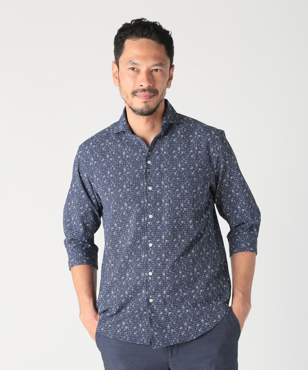 MEN'S BIGI エアリーサッカー千鳥フラワープリント七分袖シャツ〈イージーケア/吸水速乾〉 ネイビー